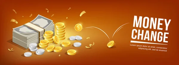 Bankbiljet Zilveren Munten Gouden Munten Stuiteren Concept Banner Ontwerp Oranje — Stockvector