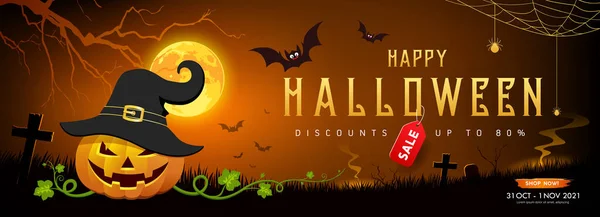 Feliz Halloween Venta Calabaza Sonrisa Murciélago Con Diseño Banner Árbol — Vector de stock