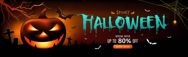 Halloween Verkoop Spookachtige Geest Pompoen Glimlach Vleermuis Met Boom Banner — Stockvector