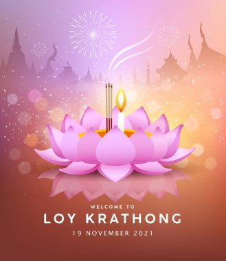 Loy krathong pembe nilüfer çiçeği, Tayland festivali gece arkaplanı, Eps 10 vektör illüstrasyon