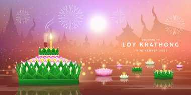 Ay gecesinde loy krathong festivali Tayland arka plan afişi, eps10 vektör illüstrasyonu