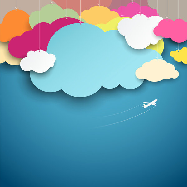 Colorful paper cut clouds shape design on blue background