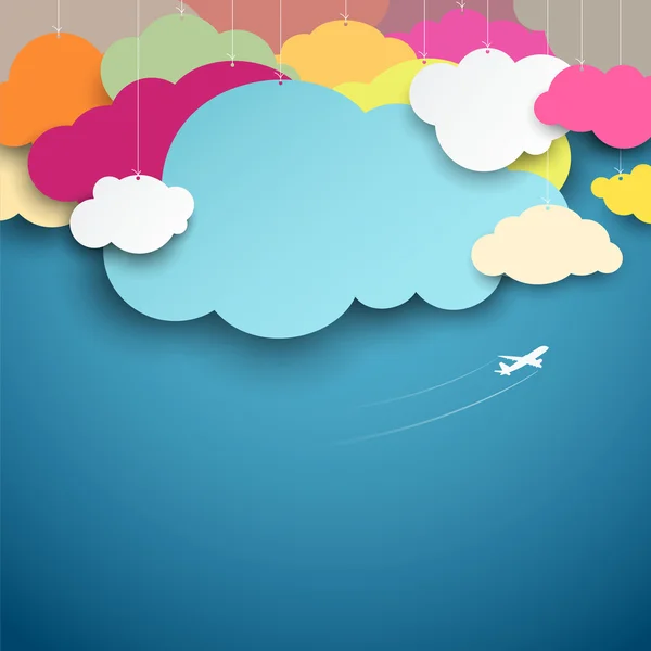 Renkli kağıt bulutlar şekil tasarım mavi zemin üzerine kes. — Stok Vektör