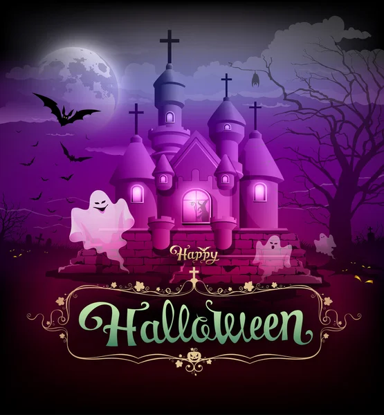 Joyeux château d'Halloween design classique sur fond violet — Image vectorielle