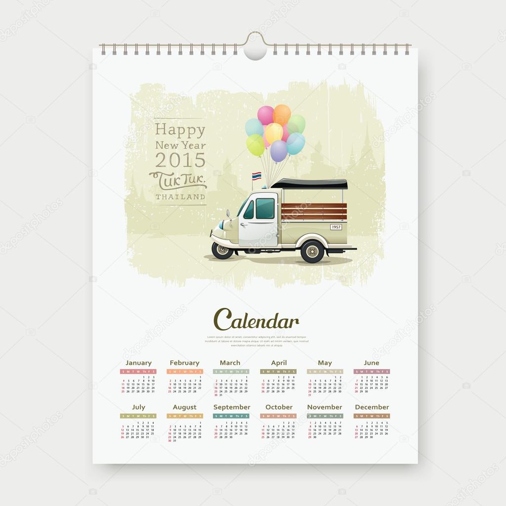 Calendar 2015 Vintage motor-tricycle Thailand. template design