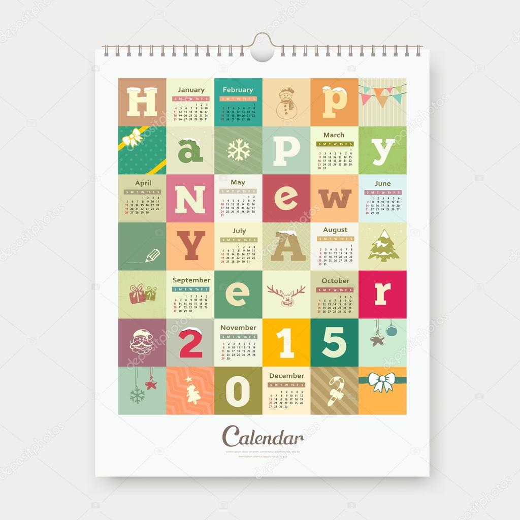 Calendar Happy new year text and colorful square design