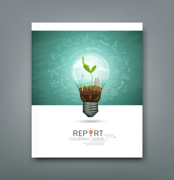 Cover annual report green seedlings in a light bulb ecology concept — Stock Vector