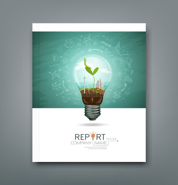 Cover annual report green seedlings in a light bulb ecology concept