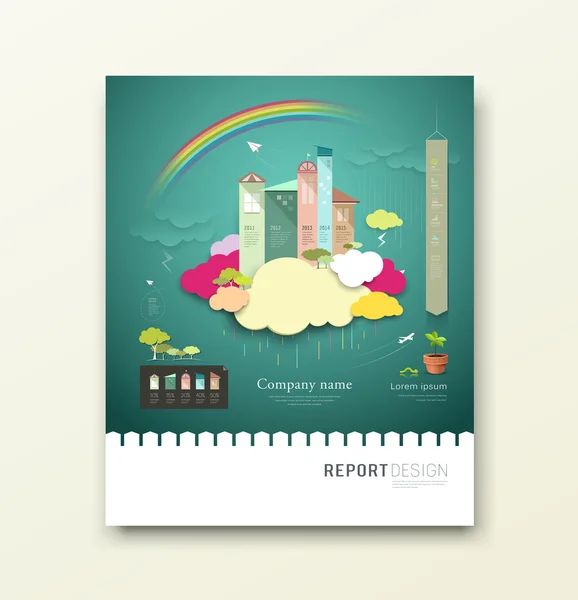 Dekking verslag kleurrijke papier huis en wolken ecologie concept — Stockvector