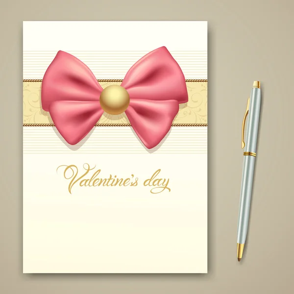 Valentines greeting card pink ribbon and pen design — Stock Vector