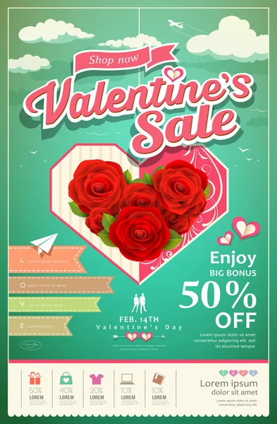 Festival de promoción venta de San Valentín con rosa roja en la nube — Vector de stock