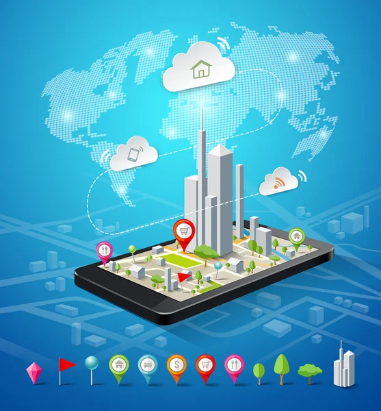 Mapa de navegação móvel ícones conexões design — Vetor de Stock