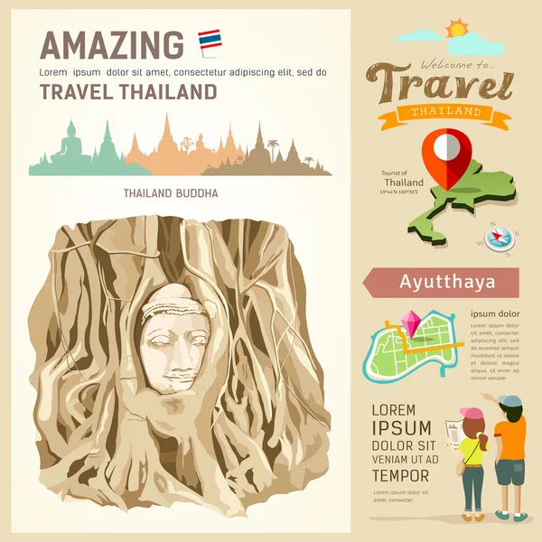 Дивовижний Таїланд, коріння навколо голови зображення Будди — стоковий вектор