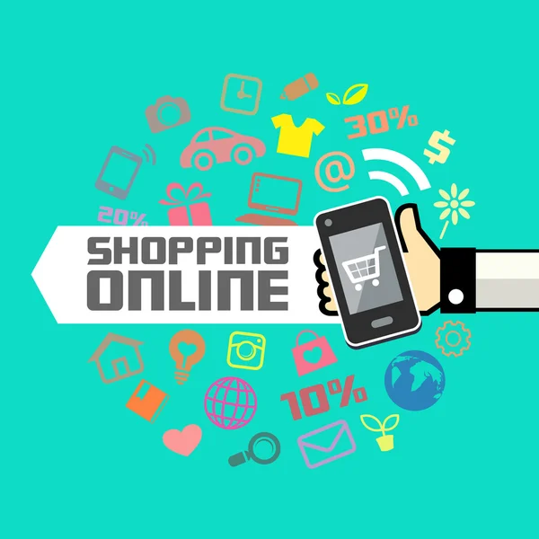 人間の手のモバイル オンライン ショッピング — ストックベクタ