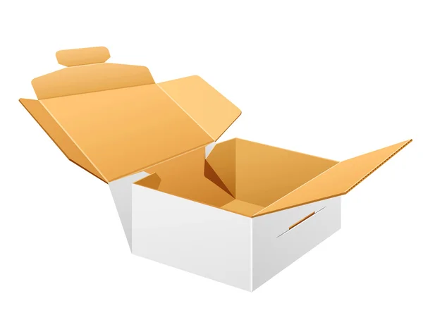 Cajas de embalaje abiertas, diseño de caja marrón y blanca vacía — Vector de stock