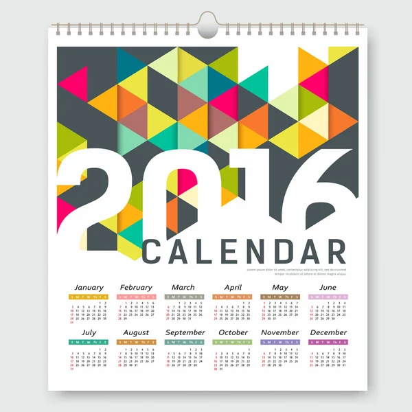 Calendar 2016, colorful triangle geometric template design — Stock Vector