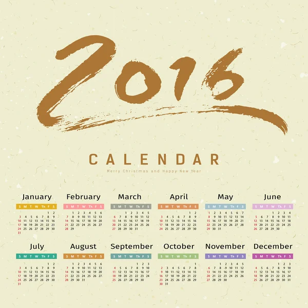 Calendário 2016 pincel de pintura de texto sobre papel reciclar fundo — Vetor de Stock