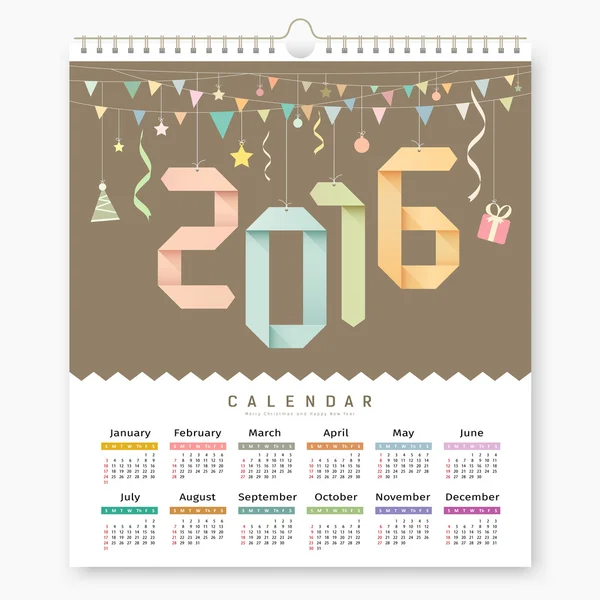 Kalendern 2016, Origami Papper nummer design — Stock vektor