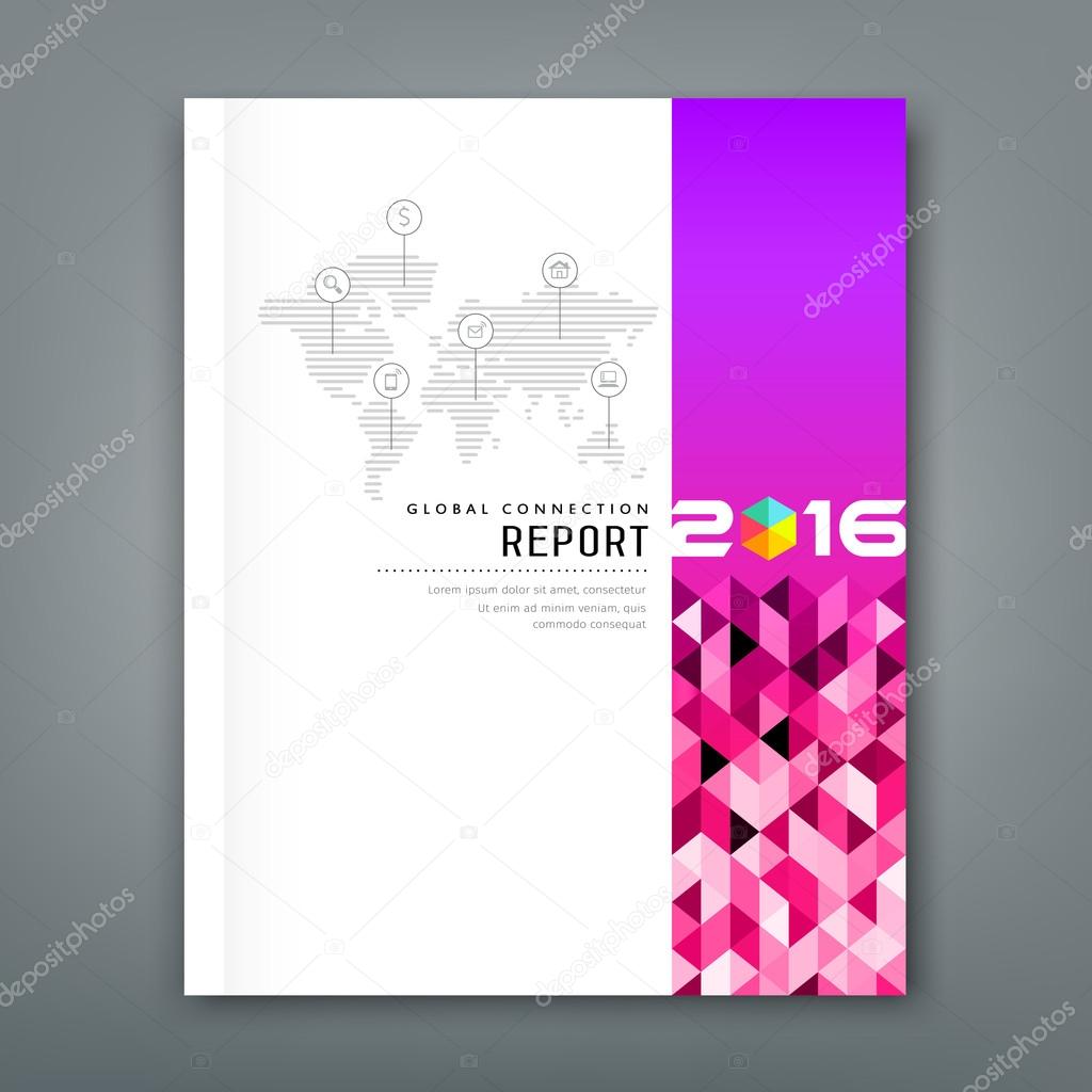 Cover annual report world map connections with violet gradient triangles geometric