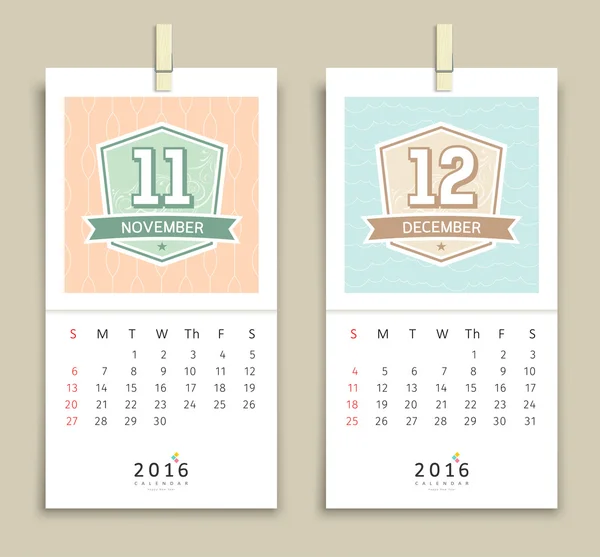 Diseño de noviembre y diciembre Calendario 2016 — Vector de stock