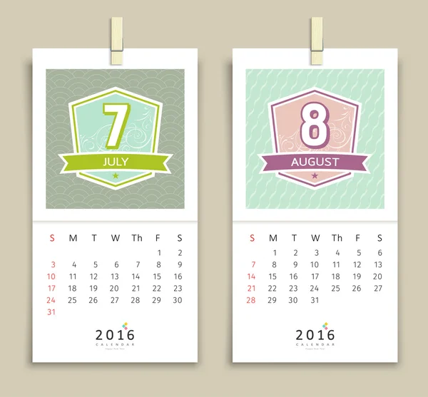 Lipcu i sierpniu Zaprojektuj kalendarz 2016 — Wektor stockowy