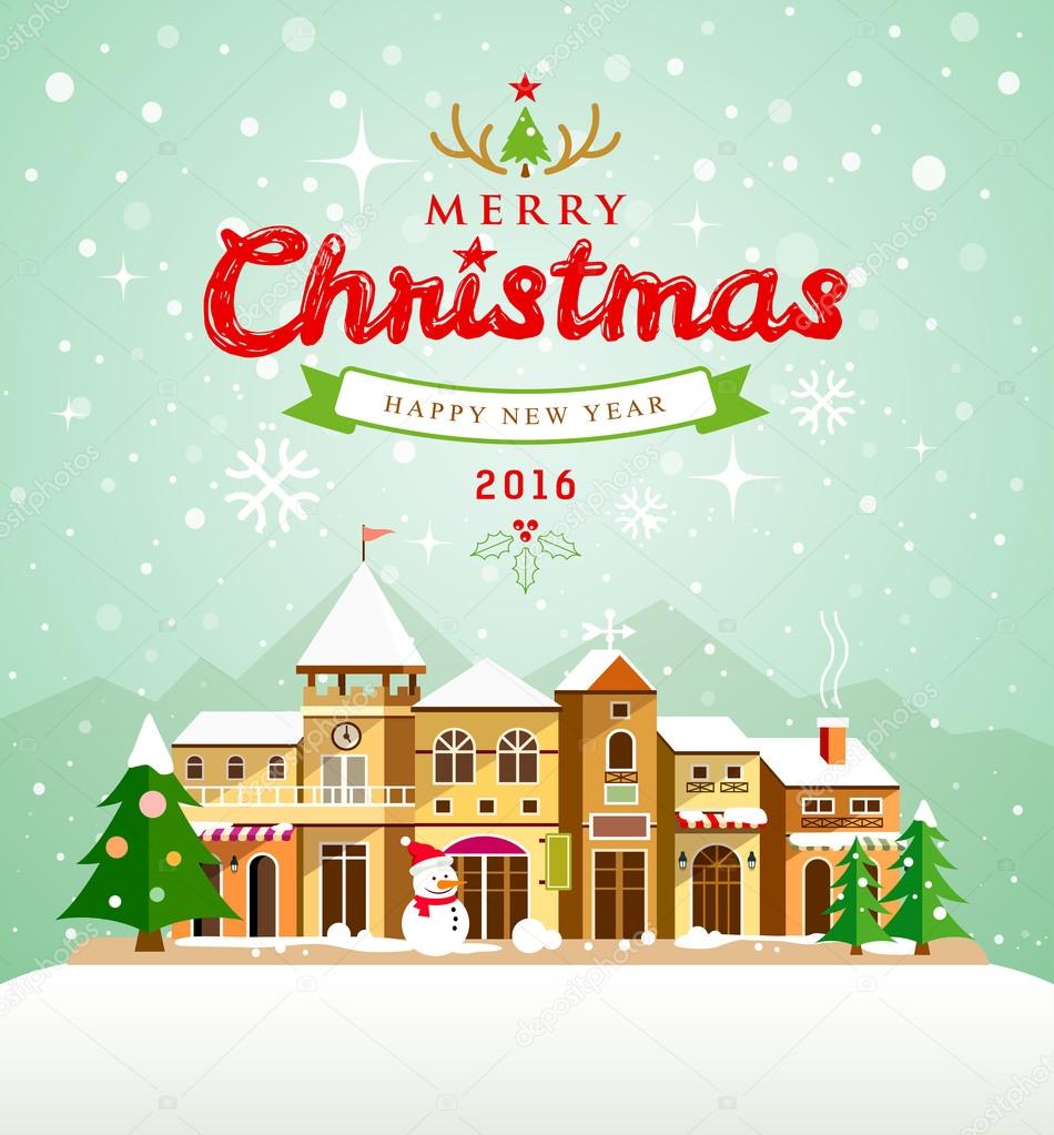 Christmas Greeting Card. Merry Christmas lettering with houses