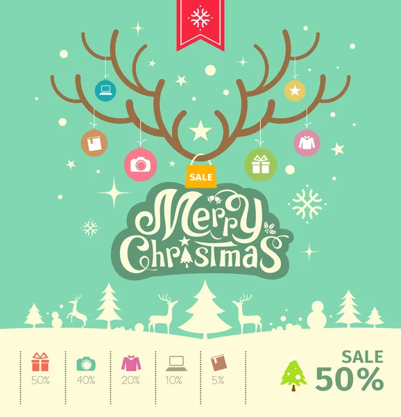 Boldog karácsonyi rénszarvas eladó concept zöld háttér — Stock Vector