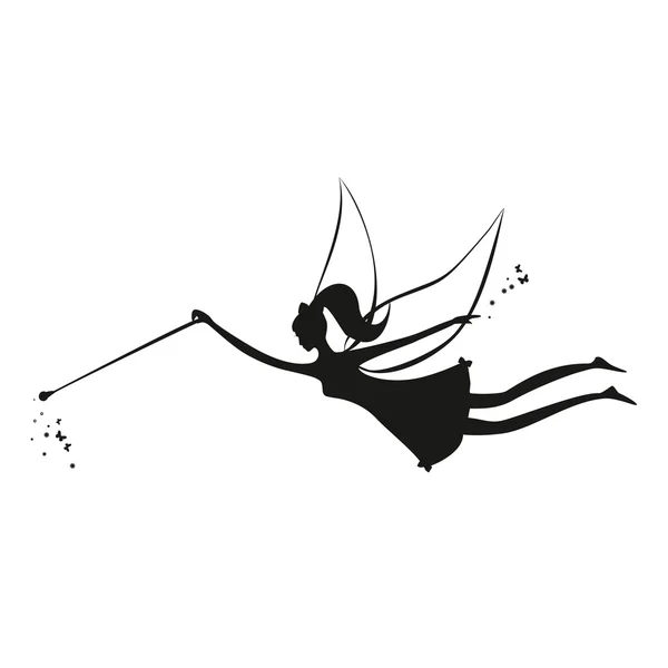 Silhouette noire fée avec baguette magique — Image vectorielle