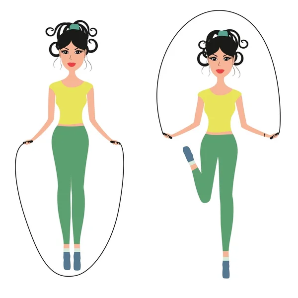 Hermosa chica saltando ilustración vector de cuerda. Chica saltando. Mujer joven haciendo deportes — Archivo Imágenes Vectoriales