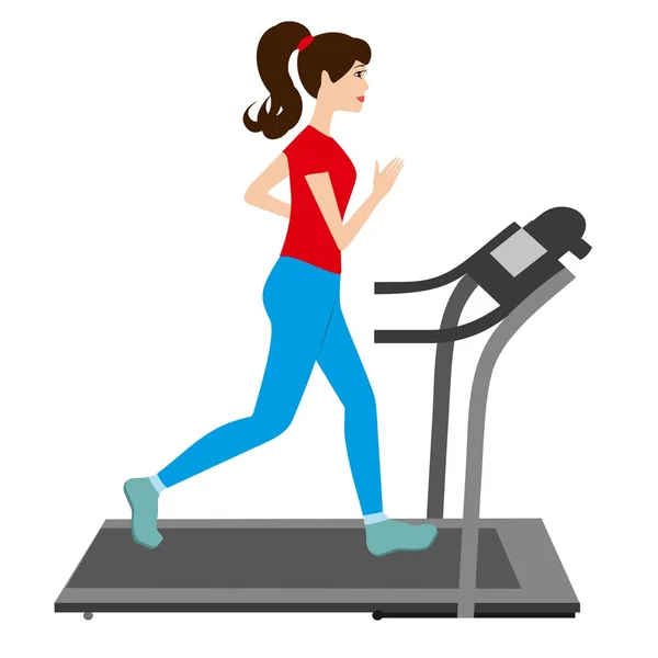 Young woman runs on a treadmill. Sports trainer. Young Girl run treadmill vector illustration — Stock Vector