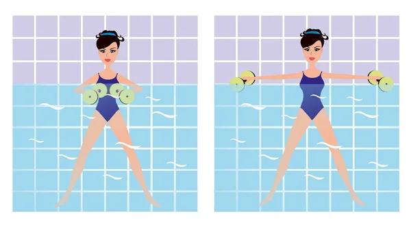 Hermosa chica haciendo aeróbic Aqua. Chica vectorial haciendo ejercicio físico en el agua. Dibujos Animados Mujeres haciendo ejercicios de aqua gym con pesas en la piscina . — Archivo Imágenes Vectoriales