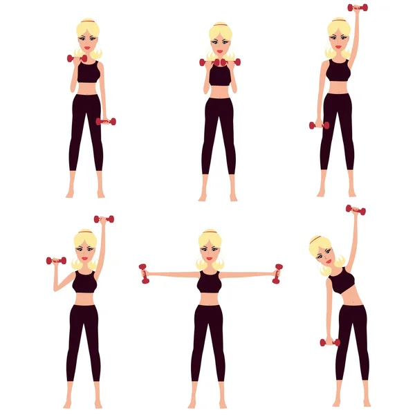 Menina bonita fazendo complexo de exercícios físicos com halteres. Conjunto de desenho animado mulher trabalhar com halteres. Mulher exercitando com halteres . Gráficos Vetores