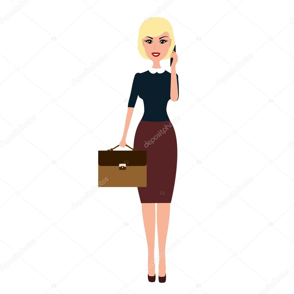 Vector Business woman with a briefcase talking on phone. Caroon ...
