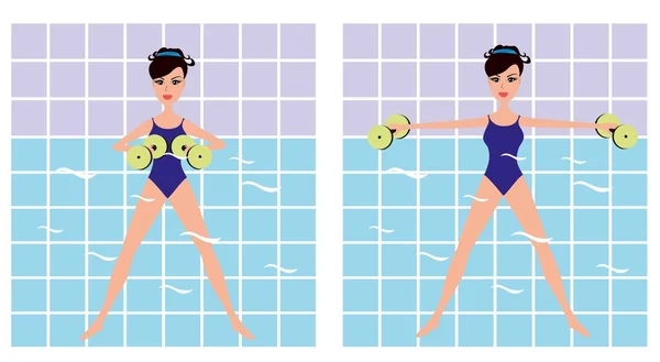 Cartoon Women making aqua gym exercises with dumbbells — Stock Vector