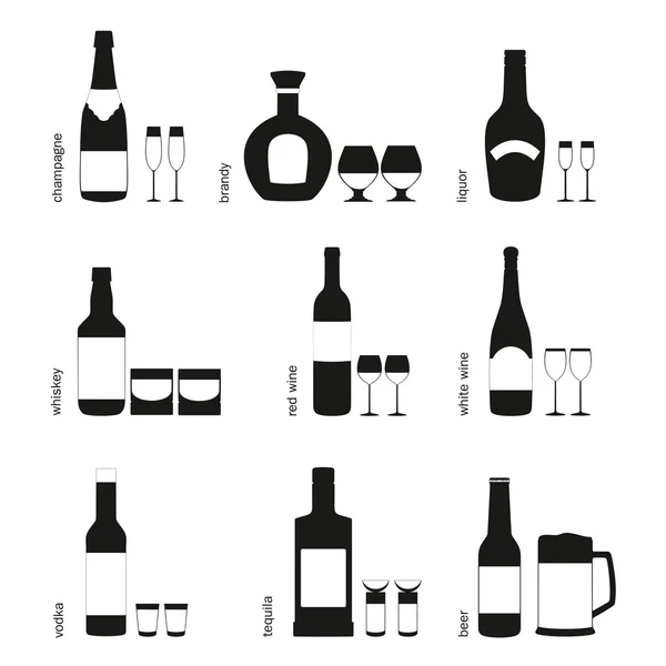 Bebidas alcohólicas vasos y botellas iconos — Archivo Imágenes Vectoriales