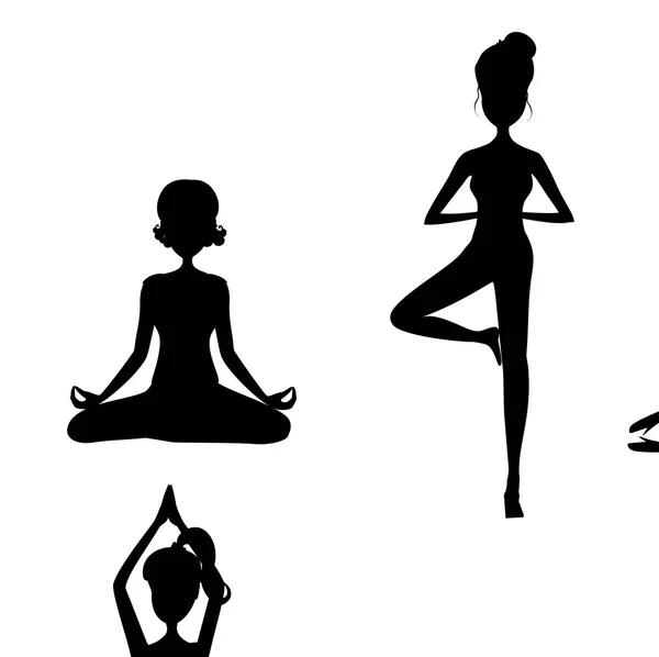 Chica de dibujos animados en posturas de yoga — Vector de stock