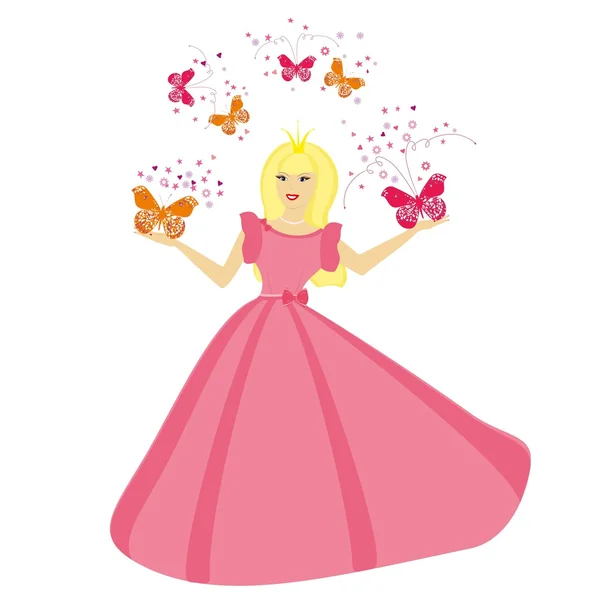 Ilustración de linda princesa con mariposas aisladas sobre un fondo blanco . — Vector de stock