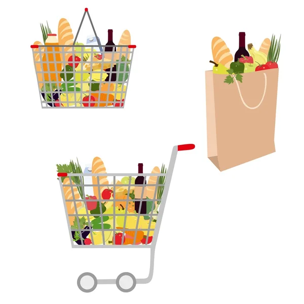 Carrito de compras lleno de comestibles aislados sobre fondo blanco . — Vector de stock