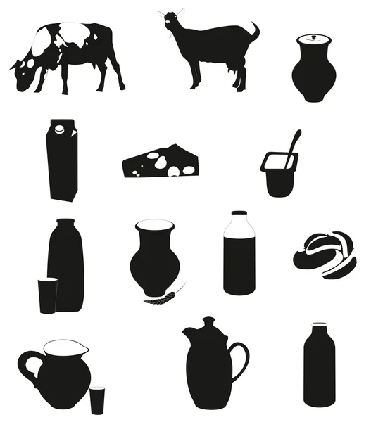 Set de productos lácteos. Contiene Imágenes de Vaca, Cabra, Jarra de Leche, Botella de leche, Queso, Yogur, Vaso, Rollo . — Vector de stock