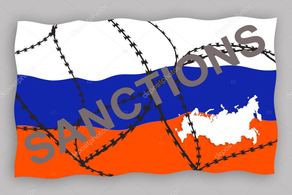The word SANCTIONS on the background of the Russian flag in gray. Sanctions against Russia.