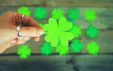 Güzel bir kadın eli, yeşil bir İrlanda yoncasıyla ahşap masaların üzerinde şans getiren yoncalar tutar.