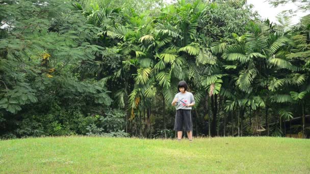 女の子は、公園で飛行機を果たしています。Hd — ストック動画