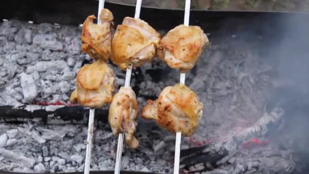 Kycklinglåren Grillas Grillen Kebab Utanför Huset Gården Grill — Stockvideo