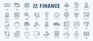 Basit Finans Seti, Çevrimiçi Ödeme ve Para İlgili Vektör Hattı Simgeleri. Banka, cüzdan, takas ve daha fazlası olarak ince simgeler içeriyor. Düzenlenebilir Vuruş. 48x48 Piksel Mükemmel