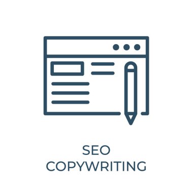Editable Web page copywriting concept thin vector line icon. Pen with web site page linear style sign for mobile concept or web page design. Search engine optimization outline vector icon. Symbol or logo illustration of writing keywords or text. Vect