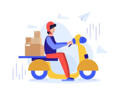 Kasklı bir erkek kurye, paketleri hızlı ve etkili bir şekilde sipariş eden müşteriye teslim etmek için scooter kullanır. Teslimat konsepti. Tamamlanmış düz çizgi film renkli vektör çizimi.