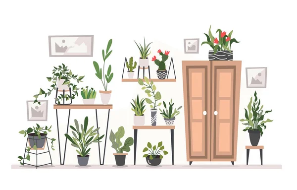 Färgad Teckning Mysigt Vardagsrum Fullt Möbler Och Exotiska Tropiska Krukväxter — Stock vektor