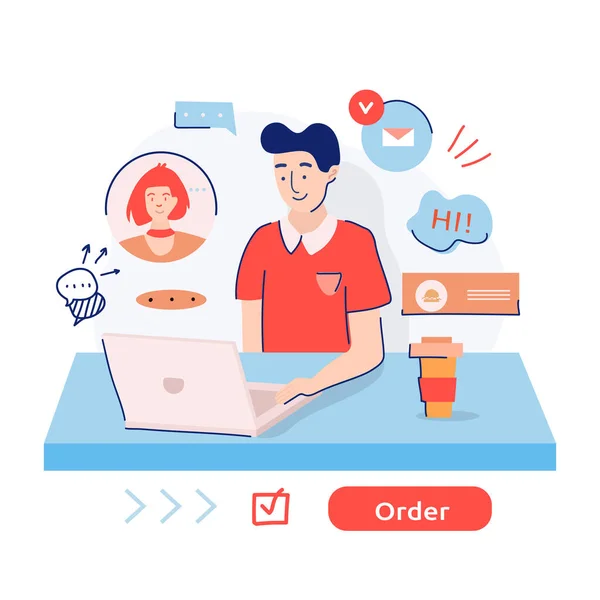 Karantina sırasında internetten sipariş alan yemek dağıtım elemanı. Düzen süreci konsepti. Servis temasını destekle. Vektör karikatür renkli düz çizim. Pankart, web sitesi tasarımı veya web sayfası