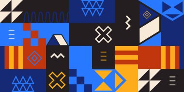 Retro colorful geometric shapes. Abstract pattern, rounded shapes, sharp angles, contrasting colors. Cubism, Constructivism, and Suprematism. Vector, bright and trendy illustration. clipart