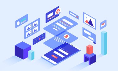 Sosyal medya grafikleriyle izometrik akıllı telefonun ve mobil ekranla örtüşen şeffaf katmanların tasviri. Açılır pencereler, analizler. İniş, sayfalar, kayıt formları.